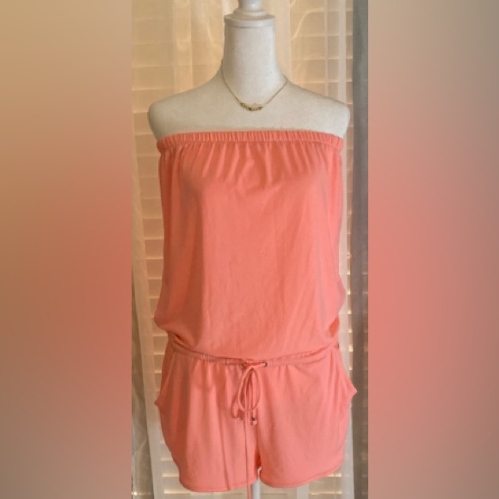 NWOT Guess Romper Bright Peach Sleeveless Strapless Pockets Drawstring Med